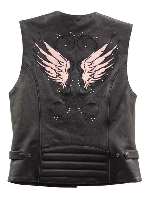 XS1293 Ladies ‘Winged’ Black and Pink Studded Leather Vest