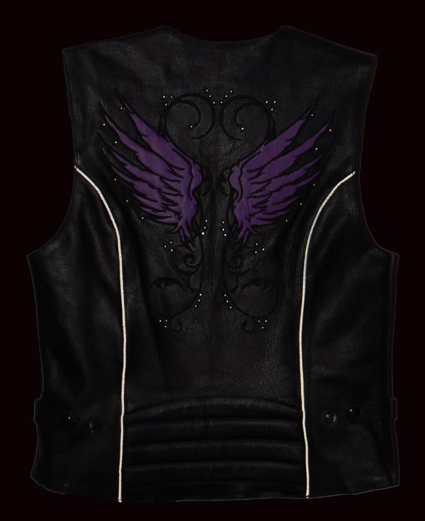 XS1293 Ladies ‘Winged’ Black and Pink Studded Leather Vest
