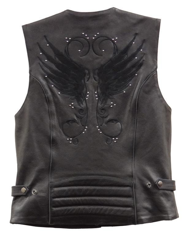 XS1293 Ladies ‘Winged’ Solid Black Studded Leather Vest
