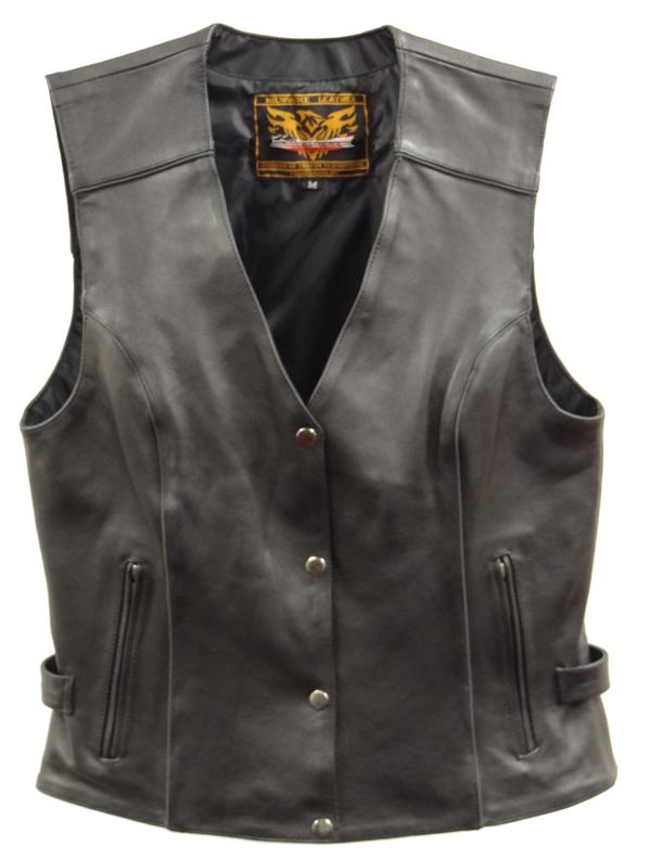 XS1293 Ladies ‘Winged’ Solid Black Studded Leather Vest