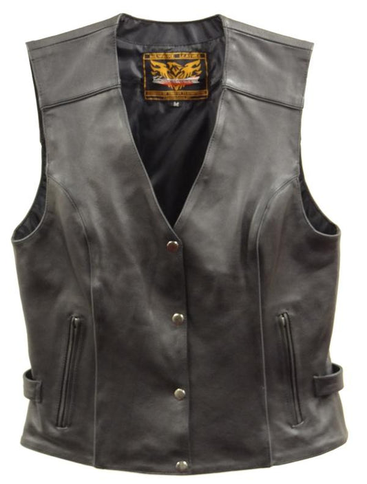 XS1293 Ladies ‘Winged’ Solid Black Studded Leather Vest